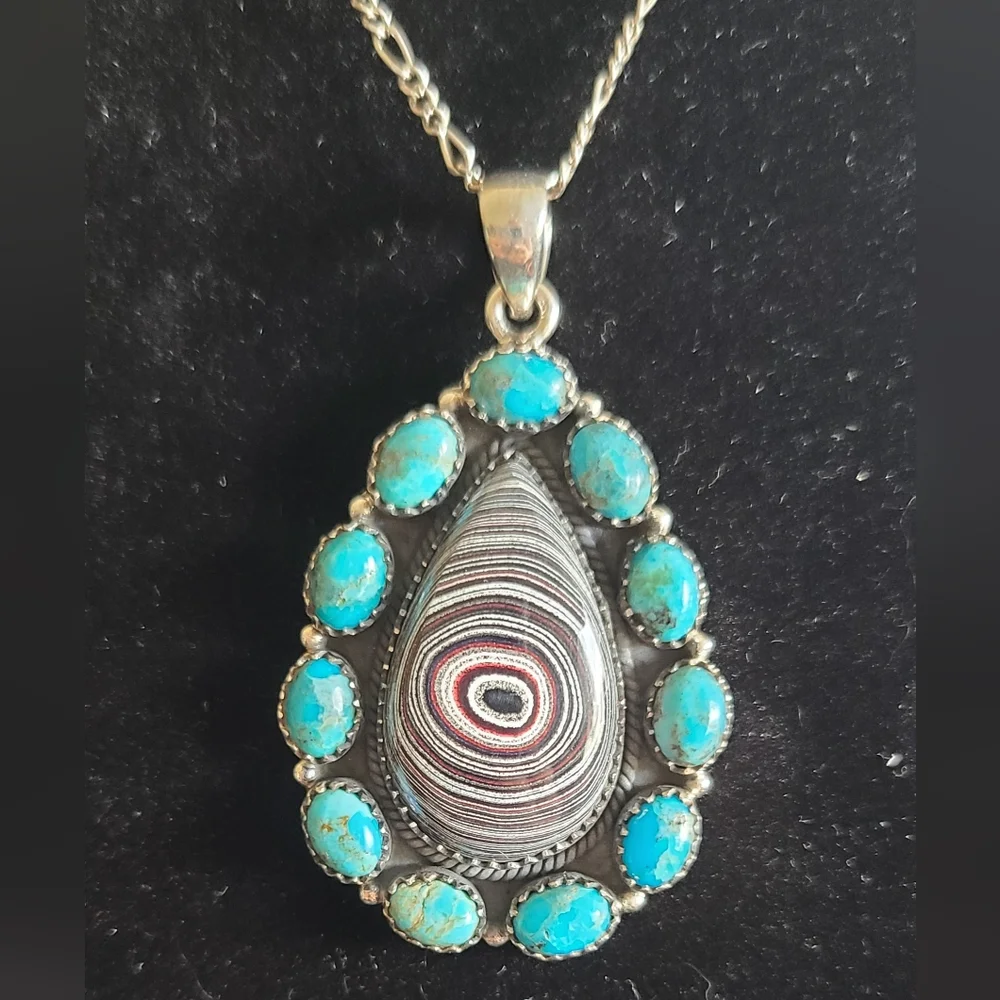 Gorgeous Turquoise and Fordyte Solid Sterling Silver Pendant